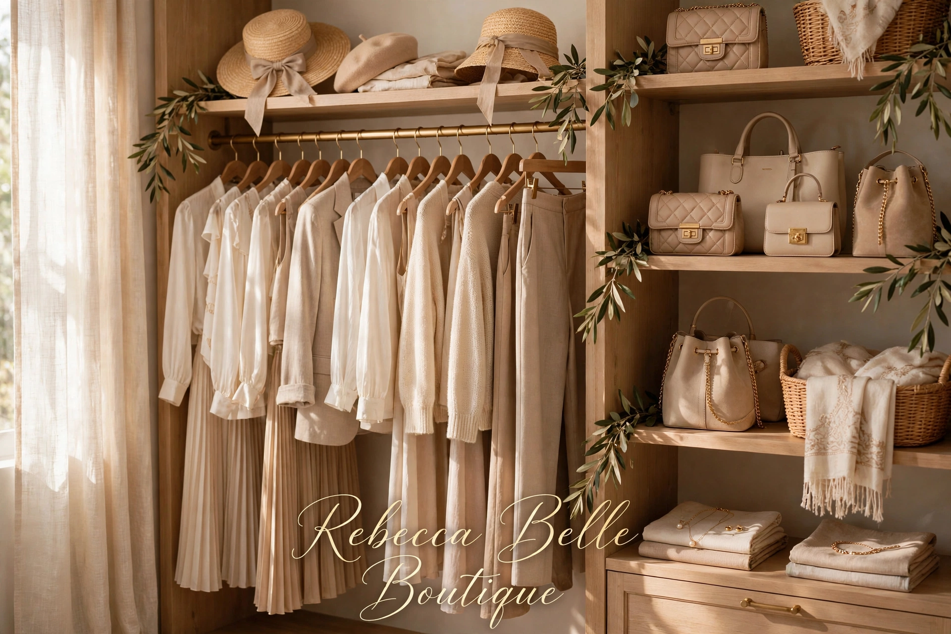 A warm wooden closet with cream clothing, straw hats and quilted handbags, signed Rebecca Belle Boutique