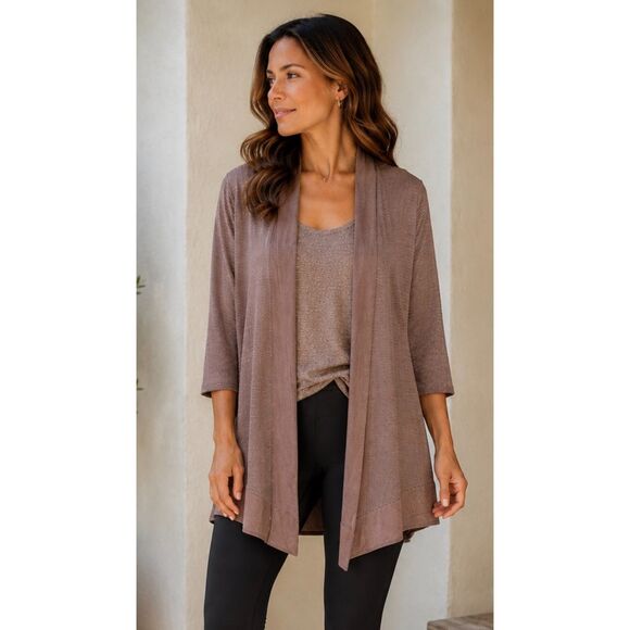 Chico’s Travelers Open-Front Draped Cardigan in Taupe