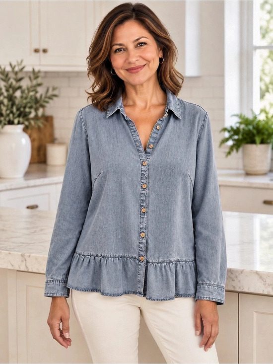 Chico's Peplum Button Down Denim Blouse