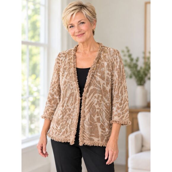 Chico's Taupe Animal Print Metallic-Accent Fringe Cardigan