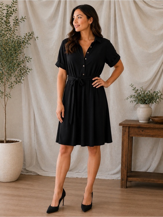 Lands' End Black Button-Front Tie-Waist Short Sleeve Dress