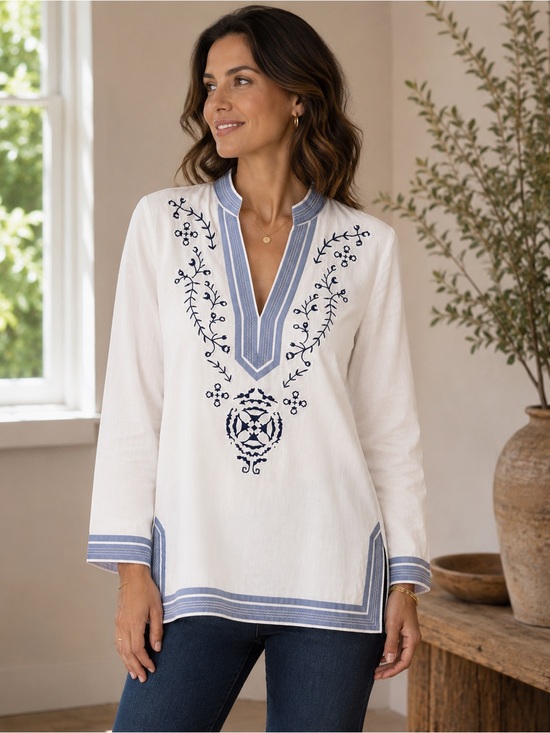 Tory Burch White Tunic with Blue Embroidery