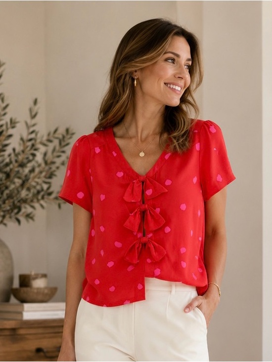 kate spade 100%Silk Red Short-Sleeve Bow-Front Blouse with Pink Spot Print