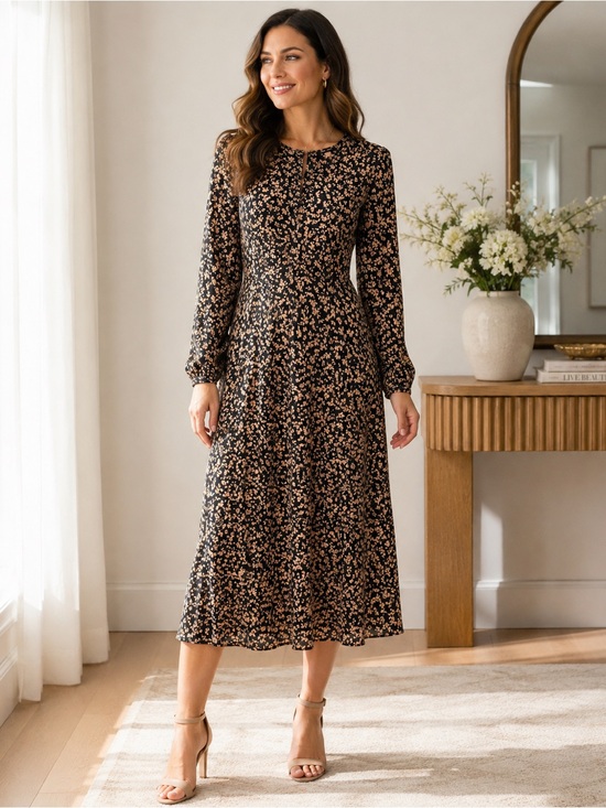 Tommy Hilfiger Black and Tan Floral Long-Sleeve Midi Dress
