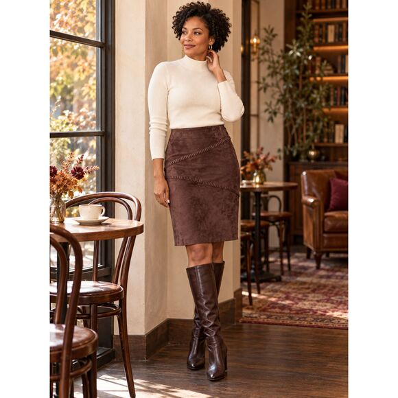 INC International Concepts Brown Genuine Suede Leather Whipstitch Pencil Skirt