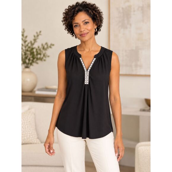 PerSeption Concept Black Sleeveless Camisole with Beaded V-Placket