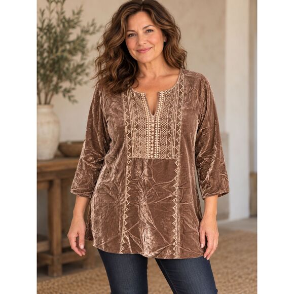 J. Jill Mocha Velvet Tunic with Embroidered Yoke