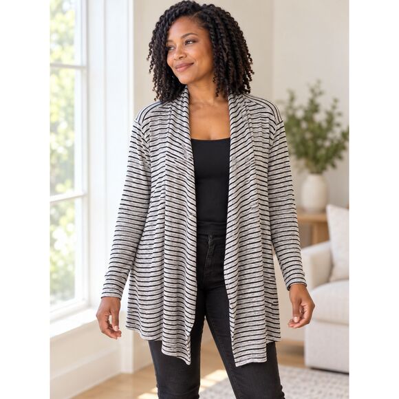Chico's Zenergy Black and Gray Striped Cardigan