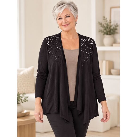 Chico's Black Open-Front Cardigan with Jewel Stud Accents