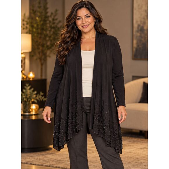 Chico's Black Women's Open-Front Cardigan with Rhinestone Accents