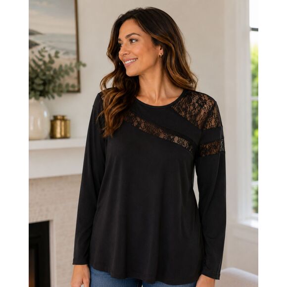 INC International Concepts Black Lace Long Sleeve Top