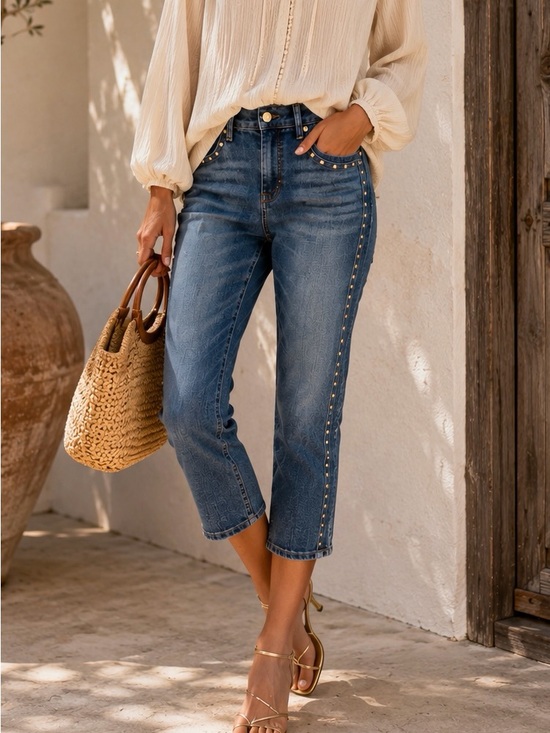 White House Black Market Blue Cropped Jeans with Side Stud Trim