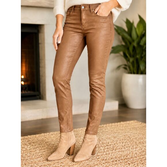 PAIGE Bombshell Cognac Luxe Coated Skinny Jeans