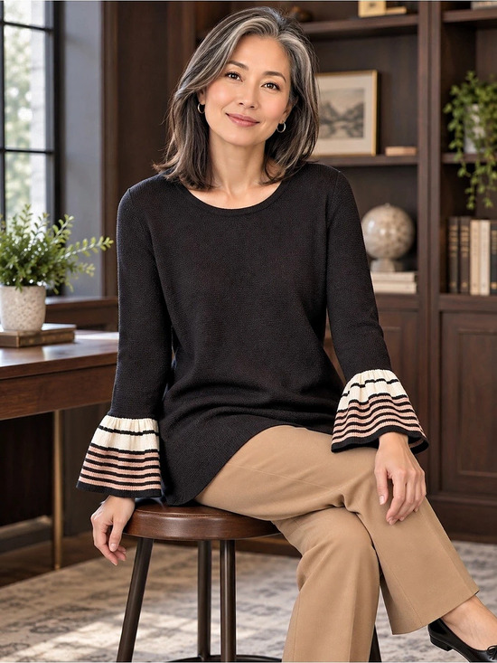 ELLE Textured Bell Sleeve Striped Cuff Pullover