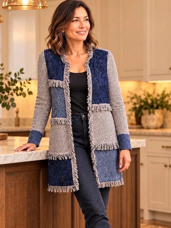 Chico's Fringe Edge Lace Patchwork Open Cardigan in Shades of Blue