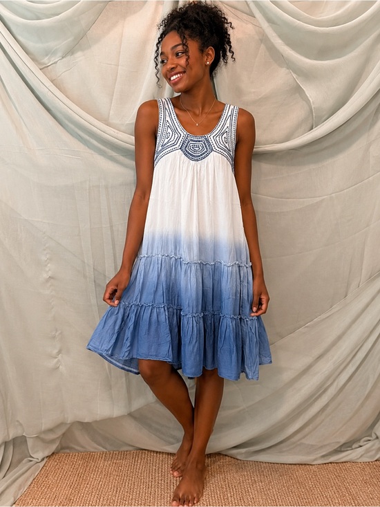 White and Blue Tiered Midi Sundress