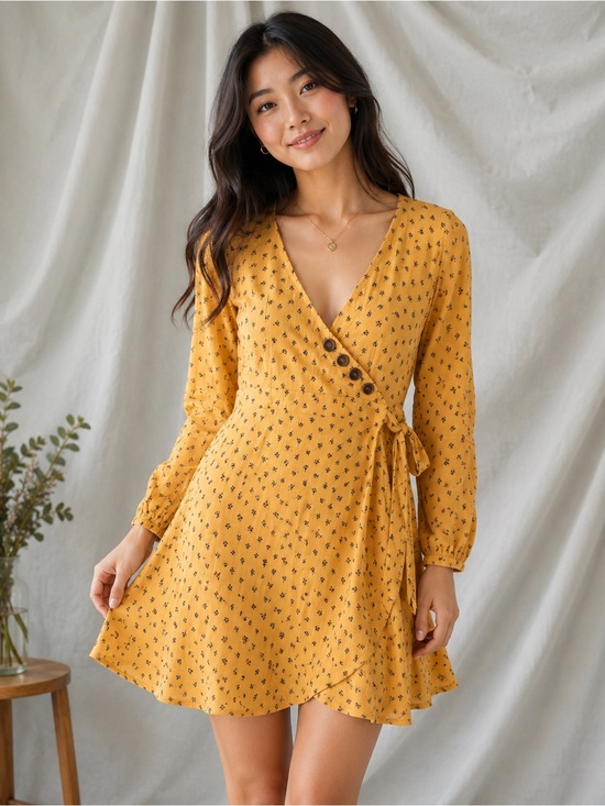 Sky and Sparrow Mustard Floral Long Sleeve Wrap Dress