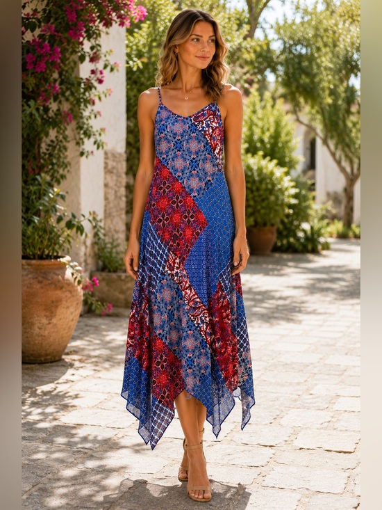 Nina Leonard Blue and Red Asymmetrical Sundress