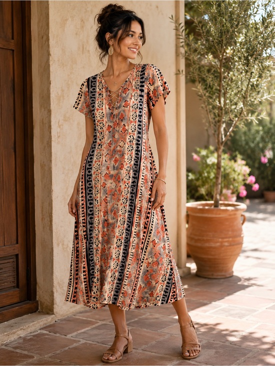 Lace-Up Boho Maxi Dress in Coral, Black & Cream