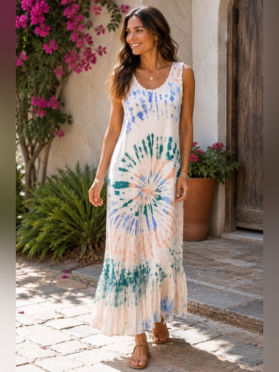 Mazik Cream Maxi Dress with Blue, Green & Peach Tie-Dye