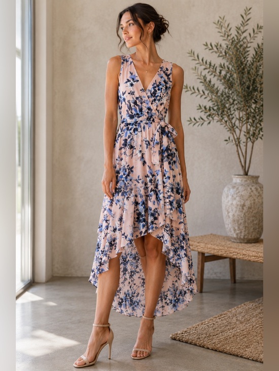 Eliza J Blush Pink and Navy Floral Wrap High-Low Dress