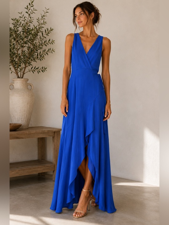 BCBGMaxAzria Royal Blue V-Neck Sleeveless Wrap Maxi Dress