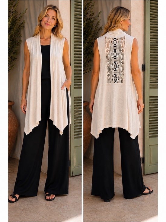 AB Studio Cream Sleeveless Lace-Back Drape Vest