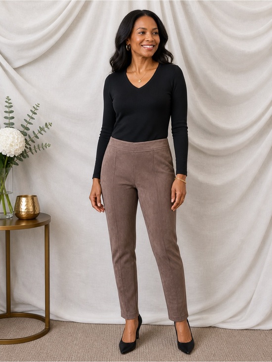 Andrew Marc Slim High-Rise Cropped Pull-On Pants in Brown
