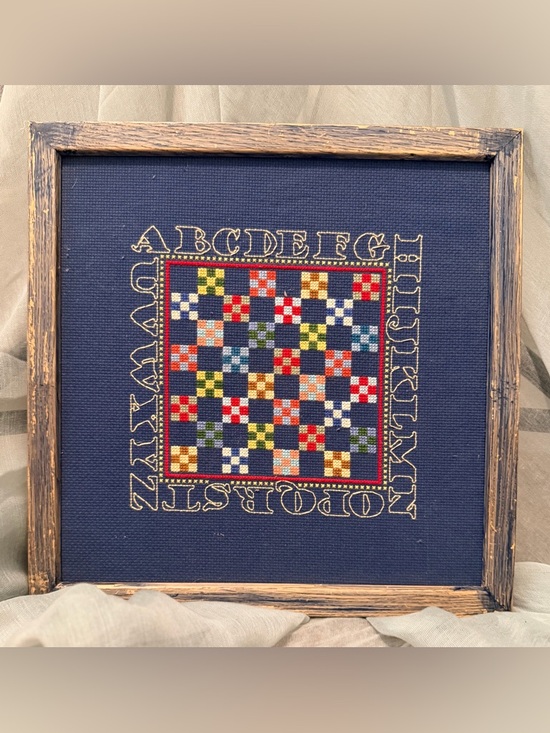 Framed Navy Cross-Stitch Alphabet & Patchwork Wall Art