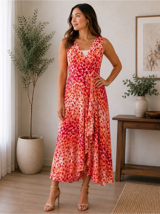 Calvin Klein Pink and Coral Floral Sleeveless Maxi Dress