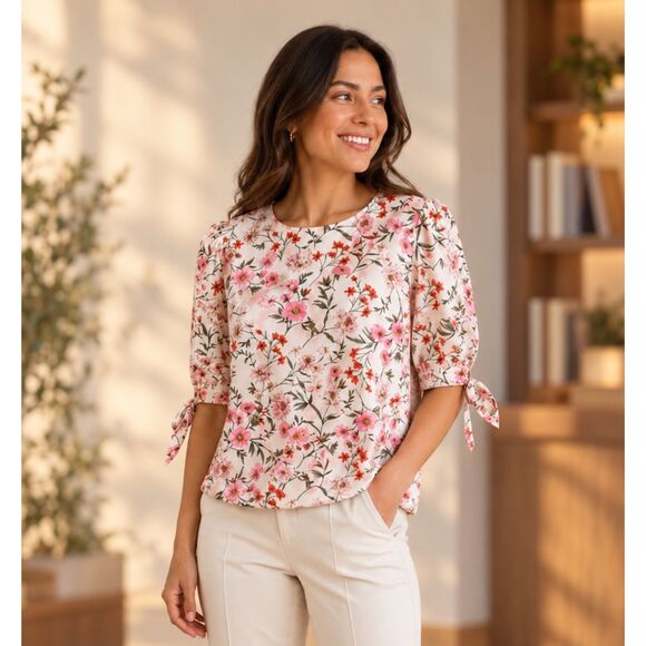 CeCe Pink and Red Floral Blouse