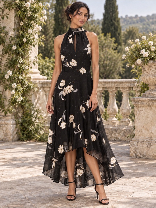 White House Black Market Black Floral Halter High-Low Dress