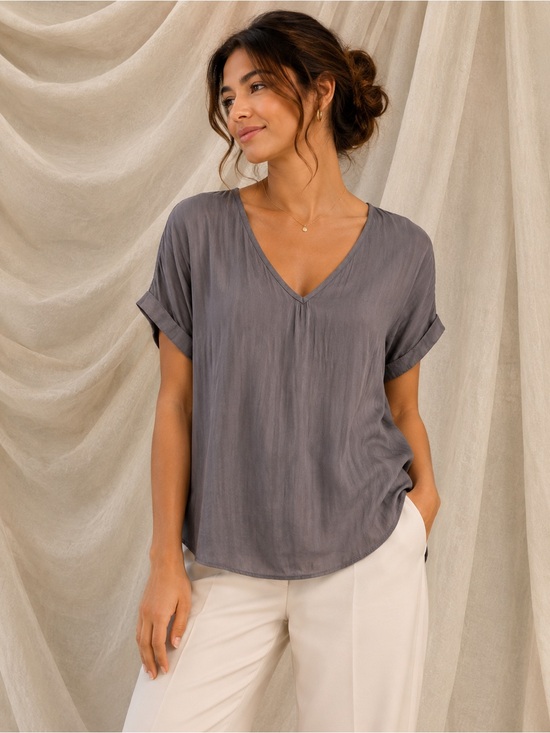 By Together V-Neck Short Sleeve Blouse in Slate Gray