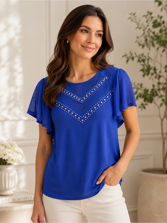 NY Collection Royal Blue Short Sleeve Blouse with Studded V Detail