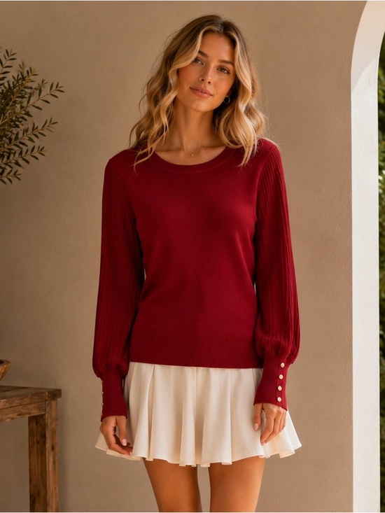 Anne Klein Rich Red Crewneck Sweater with Button Cuffs
