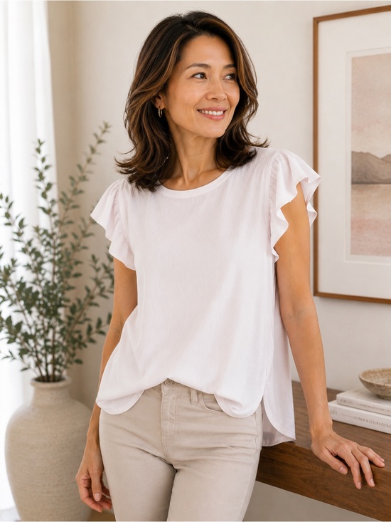 Adrianna Papell White Ribbed Top with Flutter Sleeves