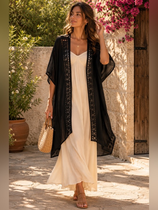 Vince Camuto Black Kimono with Lace Accents