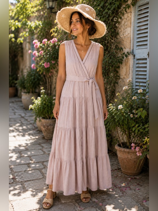 Calvin Klein Sleeveless Khaki Crinkle Maxi Dress