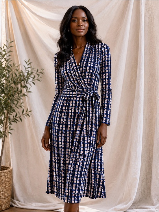 Calvin Klein Navy and White Patterned Tie Waist Midi Dress