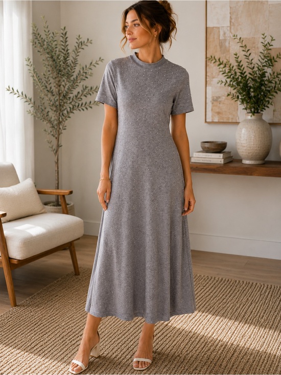 Steve Madden “Iridessa” Embrllished Heather Gray Short-Sleeve Maxi Dress