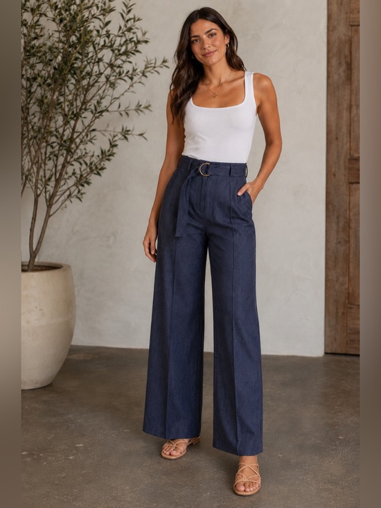 Haver & Blair High-Waist Wide-Leg Navy Belted Pants