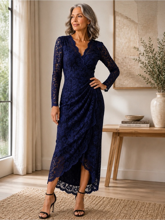 MARINA Long Sleeve Lace Dress in Deep Blue