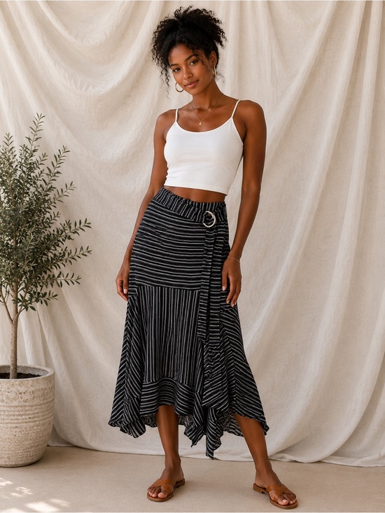 Jennifer Lopez Black & White Mixed Striped Asymmetrical Skirt