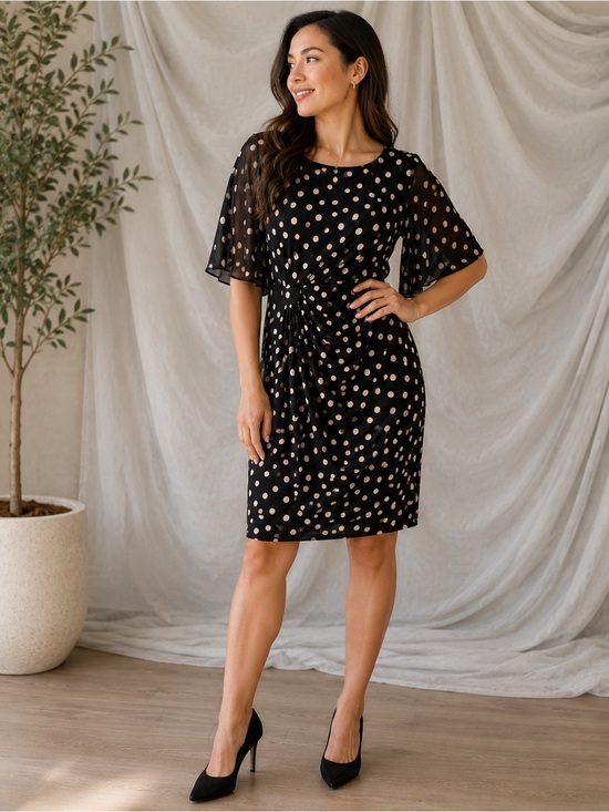 connected apparel Black Polka Dot Midi Dress with Beige Dots