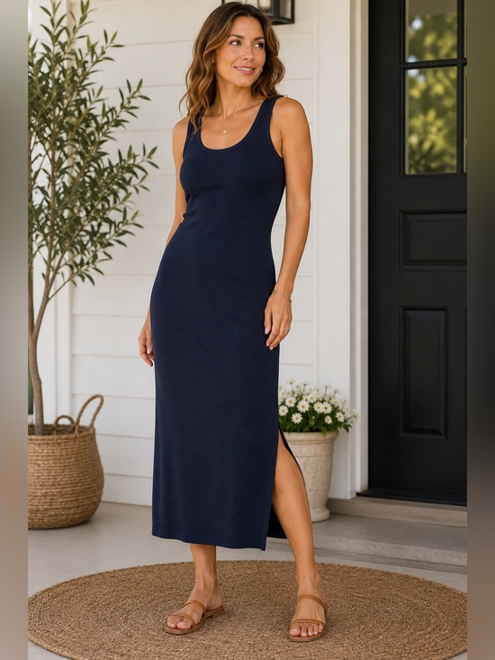 HWOKEFEIYU Navy Sleeveless Midi Tank Dress