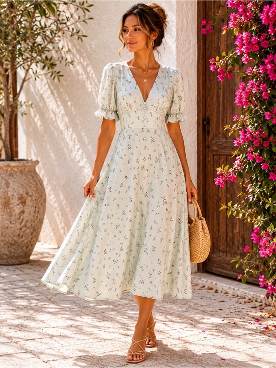 IPPONELLI Floral V-Neck Puff Sleeve Midi Dress in Sage