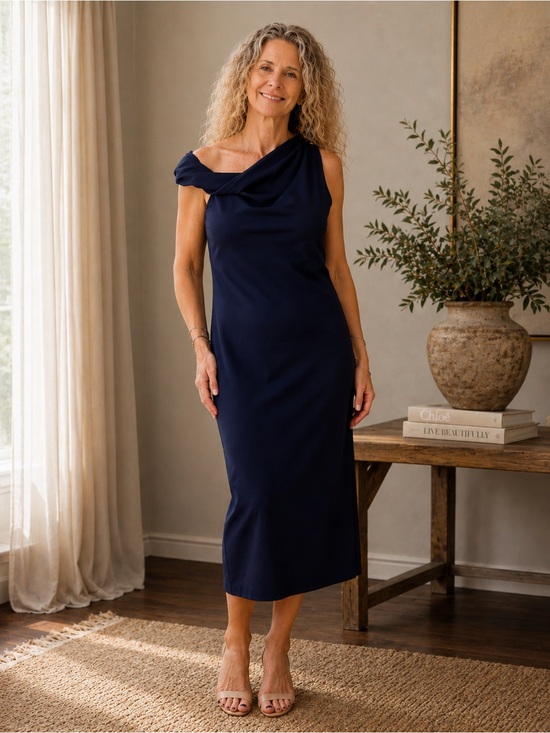 Navy Blue Sleeveless Cowl Neck Sheath Dress