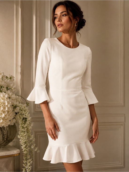 Black Halo Elegant White Ruffle-Hem Sheath Dress