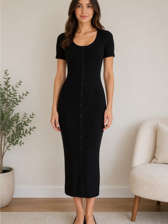 Calvin Klein Jeans Black Ribbed Button-Front Midi Dress