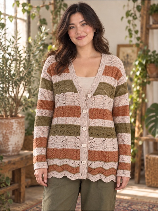 KLJ Oswal Striped Open-Knit Button Cardigan in Blush, Olive & Rust